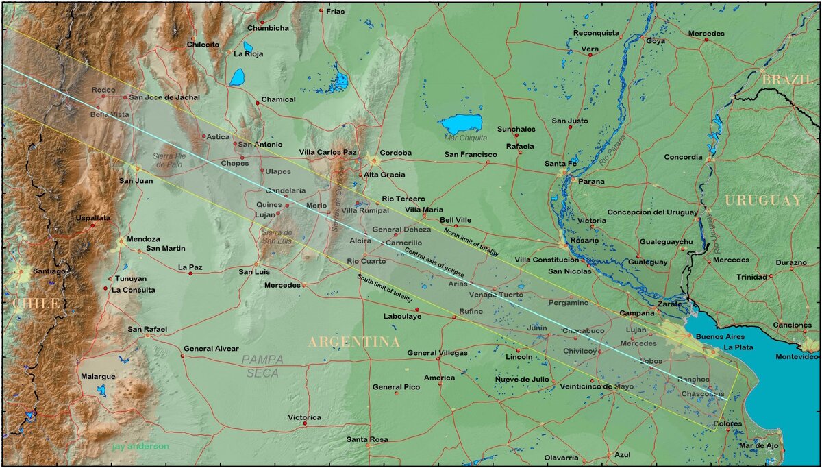 Карта видимости затмения, слева сверху Сан-Хуан, справа Буэнос-Айрес 