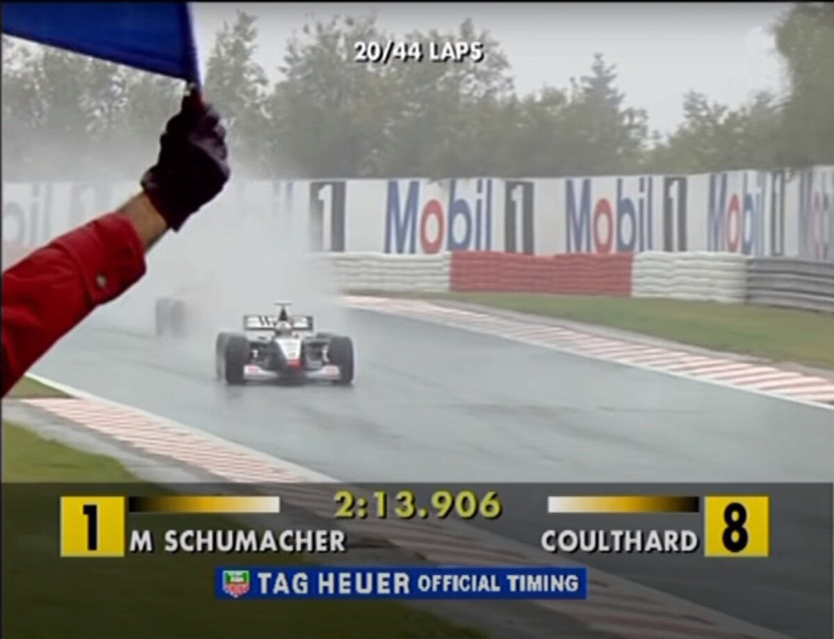Гран-при Бельгии 1998. Дэвиду Култхарду показывают синий флаг, позади него (почти не видно) Ferrari Шумахера. Скриншот: youtube.com
