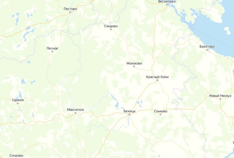 Крупных городов в районе нет, разве что Рыбинск на востоке, не попавший на этот снимок.