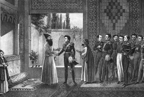 А. С. Грибоедов в свите Паскевича на встрече с Аббас-Мирзой. Гравюра середины 19 века.