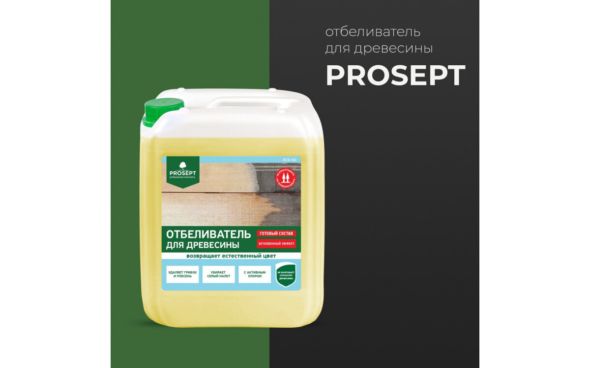 PROSEPT ECO 50 
Отбеливатель для древесины эффективно удаляет поражающие древесину деревоокрашивающие грибы, плесень, обесцвечивает серый налет.
Возвращает древесине естественный цвет, не нарушая естественных свойств и структуры древесины. 
Это высокоэффективная композиция  действующих веществ на основе хлорсодержащих соединений. 

Активные ионы хлора хорошо проникают в поверхность древесины и эффективно обесцвечивают деревоокрашивающие грибы (синеву) и серый налет  на глубине до 3 мм, не разрушая поверхность древесины.