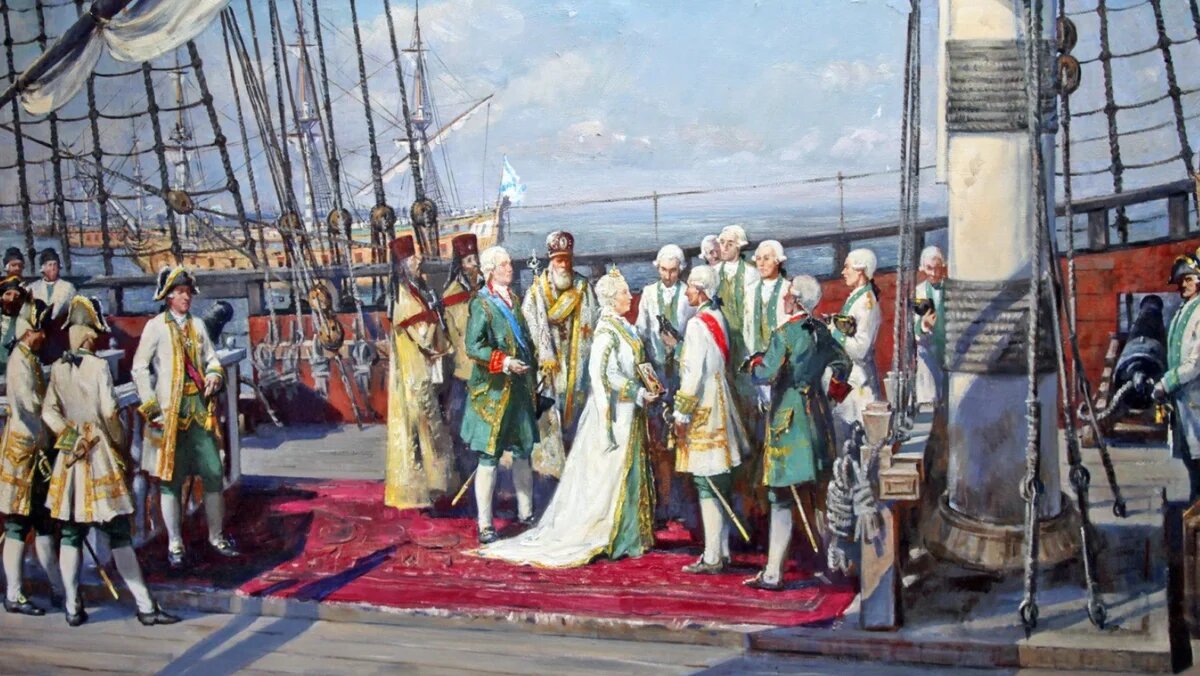Императрица Екатерина II благословляет адмирала Спиридова и его команду перед отплытием из Кронштадта.