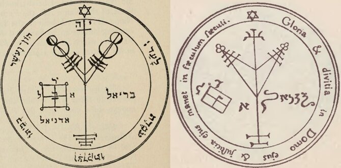 Рис.1: The greater Key of Solomon, Макгрегор Мазерс, 1914. Рис.2: Практическая Магия, Папюс, 1912 год.