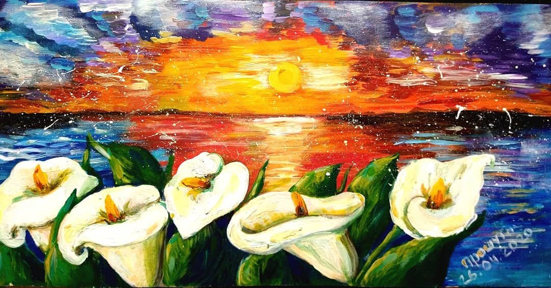 "Каллы" Материал: акрил, грунтованный картон. 