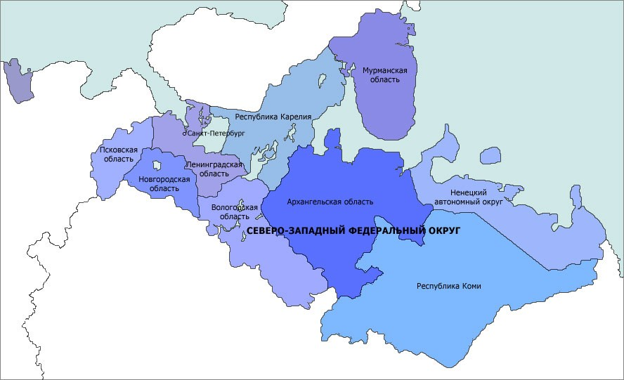 Архангельское какой регион. Северо-Западный федеральный округ на карте России. Субъекты Северо-Западного федерального округа на карте. Территория Северо-Западного федерального округа на карте. Карта Северо-Западного федерального округа с областями.