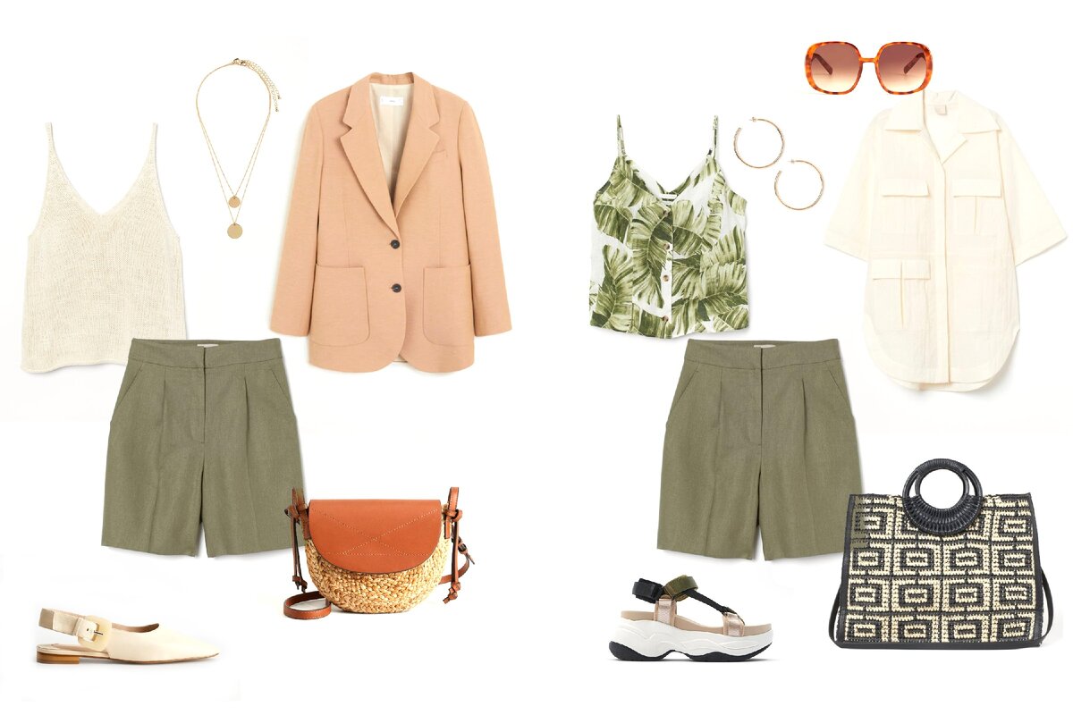 Образ слева: Шорты, топ, украшение - H&M, жакет, обувь, сумка - Mango
Образ справа: Обувь - Zara, очки - Mango, все остальное H&M