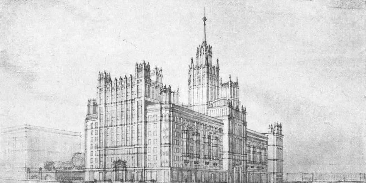 Жилой дом на Котельнической набережной. Источник: В.К. Олтаржевский «Строительство высотных зданий в Москве», 1953
