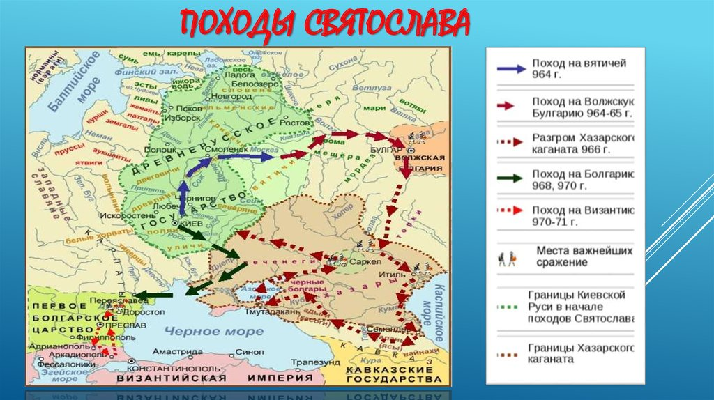 Последствие разгрома хазарского государства для экономики руси. Походы Святослава 6 класс. Походы князя Святослава 964-972 гг. Походы князя Святослава в Дунайскую Болгарию. Походы Святослава карта ЕГЭ.