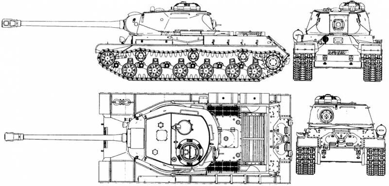 
Схема ИС-2 обр. 1943 г. Графика Tanks-encyclopedia.com
С начала 1943 г. танкостроители и оружейники изучали вопрос повышения калибра танковых пушек. Была определена принципиальная возможность оснащения перспективного тяжелого танка нарезным орудием калибра 122 мм по типу существующего А-19, и вскоре Завод №9 начал разработку новой танковой пушки на основе его баллистики. В дальнейшем такое орудие получило индекс Д-25Т.

