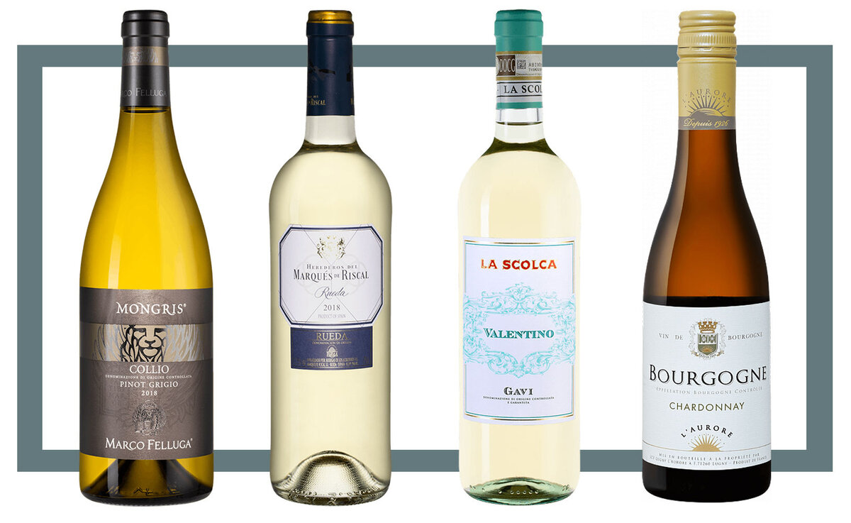 Слева направо: Marco Felluga Pinot Grigio Mongris 2018; Marques de Riscal Verdejo 2019; La Scolca Gavi Il Valentino 2019; Lugny L’aurore Chardonnay 2018