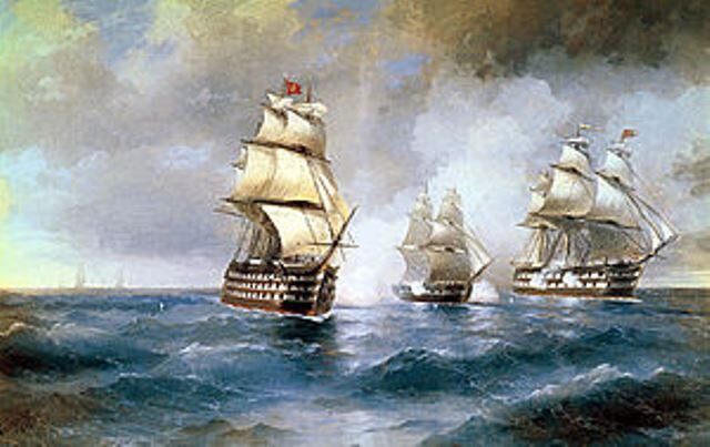 1829, 14 (26) мая - героический бой брига «Меркурий» под командованием капитан-лейтенанта А.И. Казарского с двумя линейными кораблями турецкого флота. ("Бриг «Меркурий», атакованный двумя турецкими кораблями". худ. И. Айвазовский).