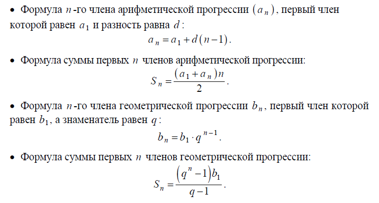 Формулы геометрической и арифметической прогрессии таблица Обзор официальной шпаргалки на ОГЭ по математике (где могут применяться формулы,