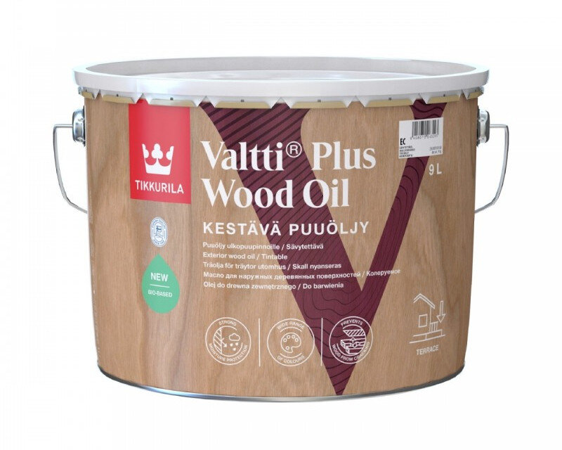 Tikkurila Valtti Plus Wood Oil — колеруемое масло на основе био-компонентов, обеспечивает усиленную защиту от влаги, предотвращает растрескивание древесины. 