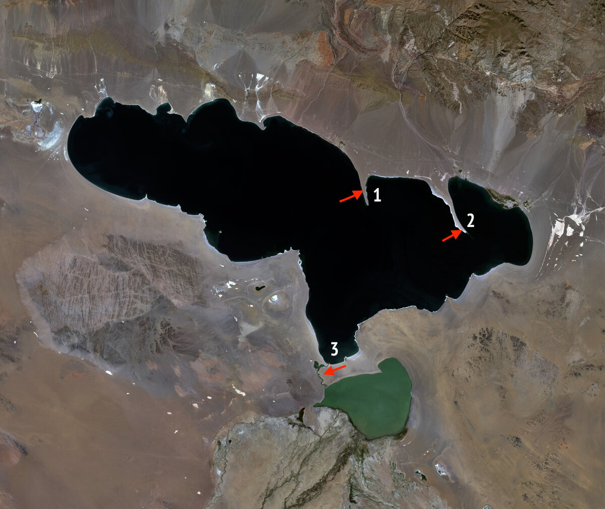 Озеро Хяргас-Нуур с положением наших временных лагерей