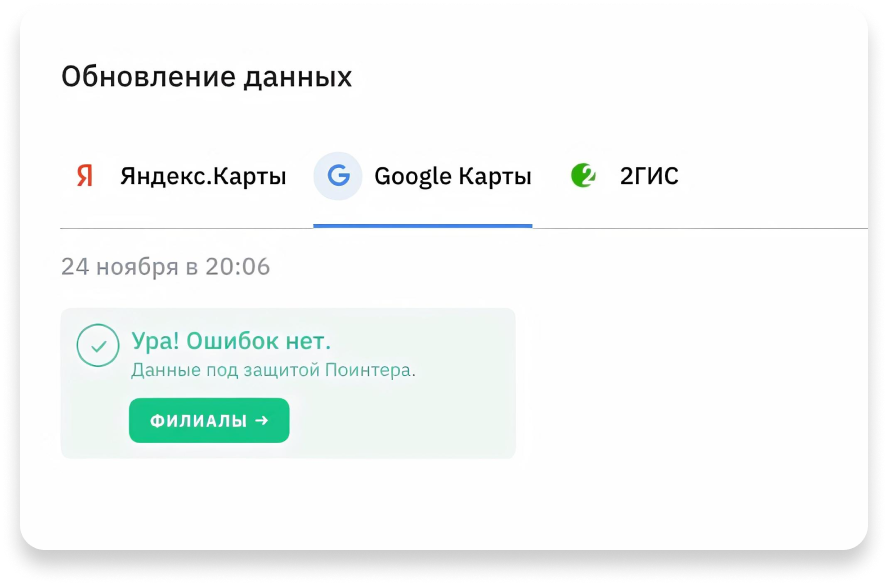Скриншот результата «Обратной проверки»: информация по всем филиалам компании соответствует «эталону»