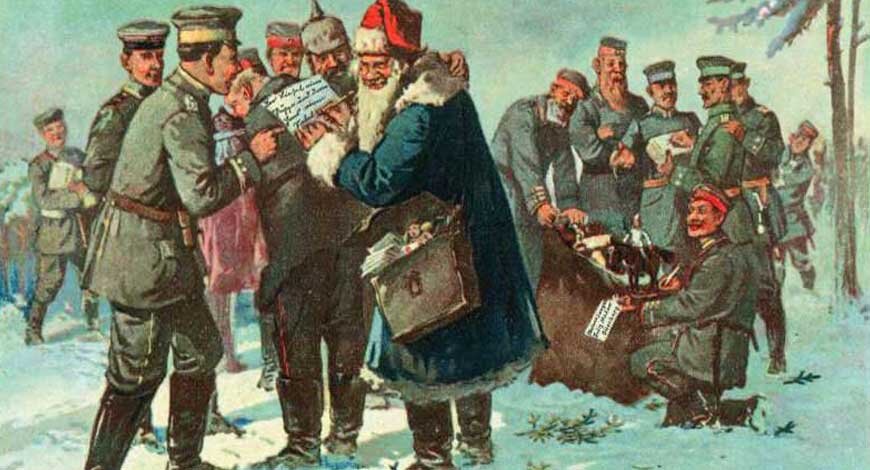 Картина, изображающая совместное празднование Рождества солдатами вражеских армий