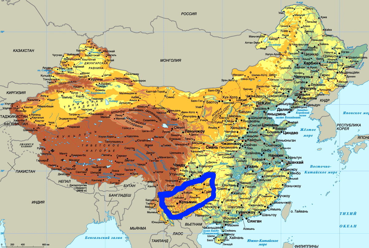 Юньнань-Гуйчжоуское нагорье на физической карте Китая