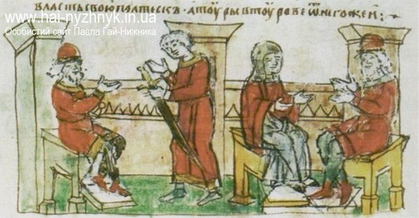 Рогволод и Рогнеда в Полоцке. Радзивиловская летопись, XV век. Источник: hai-nyzhnyk.in.ua