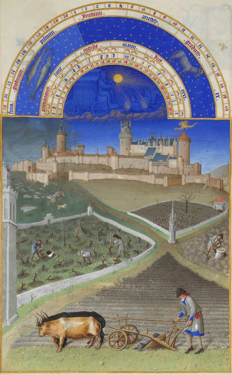 March " Magnificent Book of Hours of Duc de Berry"1410—1490. Фрагмент из "Великолепного часослова  герцог Беррийского " Месяц март.