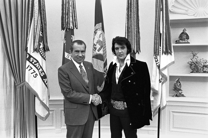 Richard M. Nixon meets with Elvis Presley in the Oval Office on Dec. 21, 1970. (Nixon Presidential Materials/National Archives and Records Administration) (Ollie Atkins/National Archives and Records Administration)