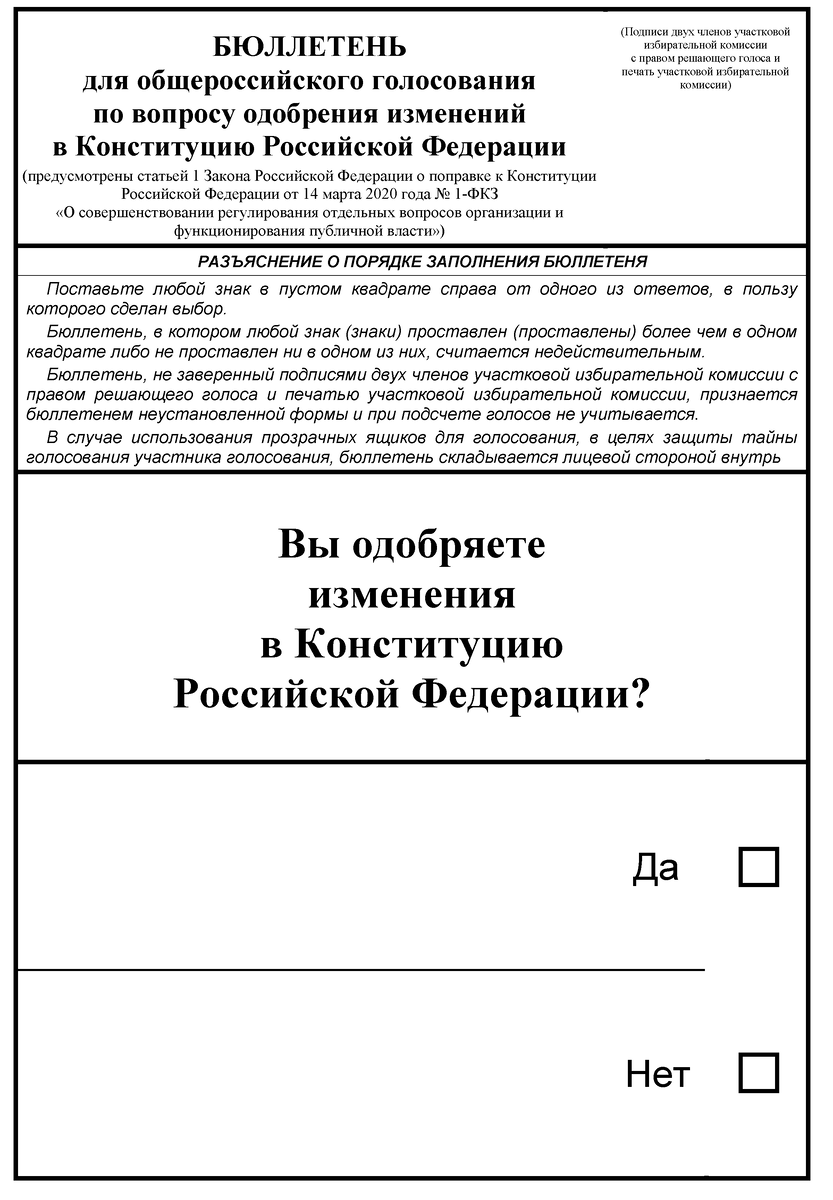 Бланк бюллетеня голосования про Список поправок в Конституцию РФ 2020