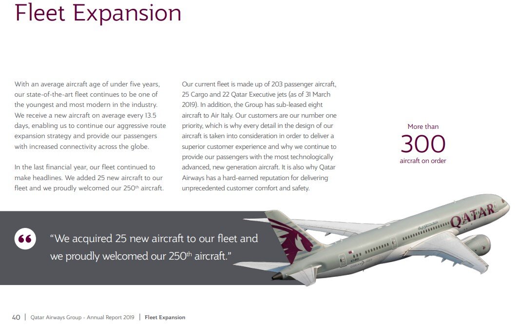 Фрагмент годового отчёта катарской авиакомпании за 2019 год с амбициозными планами по расширению флота