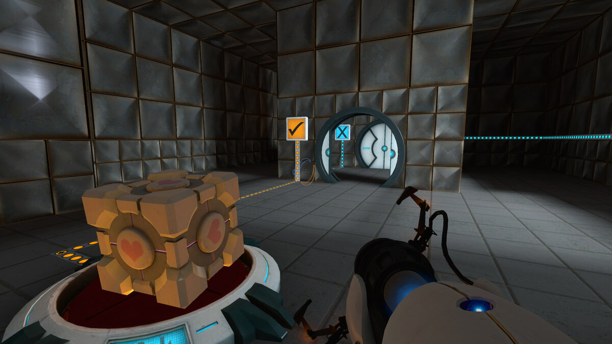 Скриншот сделан в игре "Portal" / Челл рядом с кубом-компаньоном   