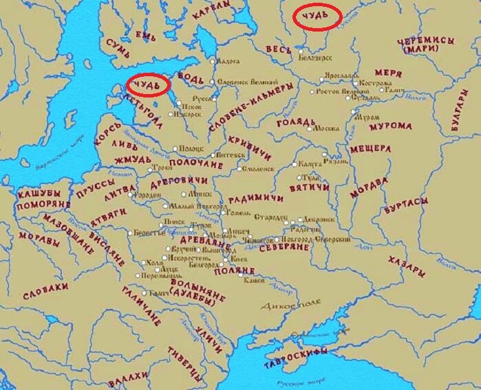 Карта расселения племен на территории Древней Руси в VIII-IX вв.