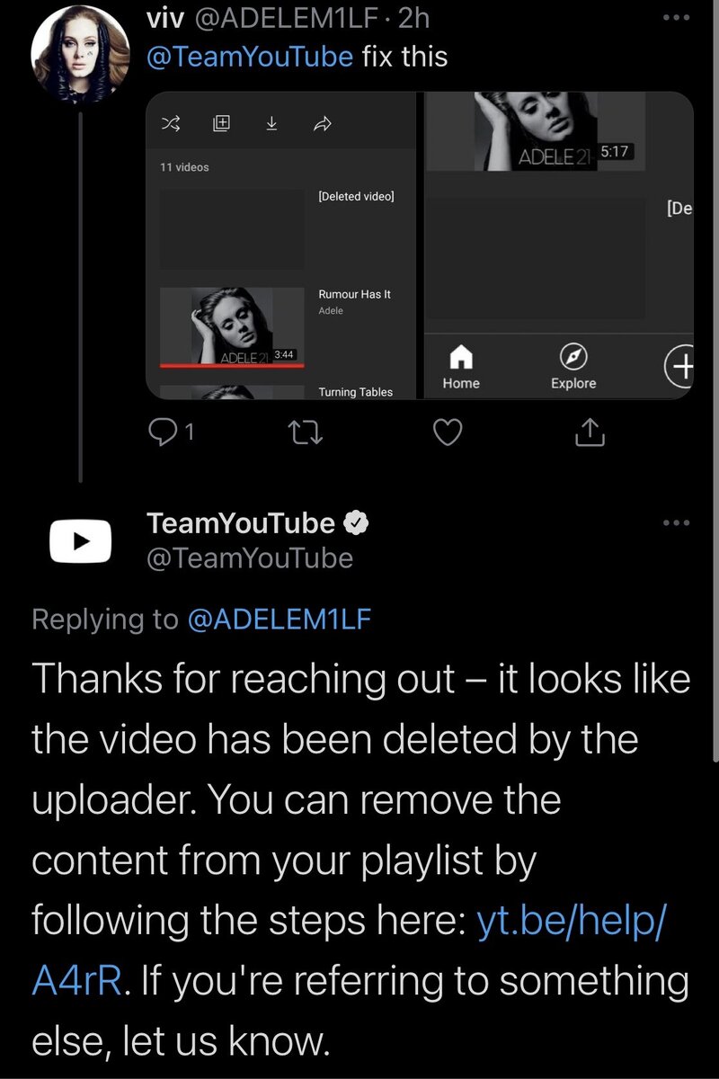"Спасибо за обращение – похоже, что видео было удалено загрузчиком. Вы можете удалить контент из своего плейлиста, выполнив следующие действия... Если вы имеете в виду что-то другое, дайте нам знать."