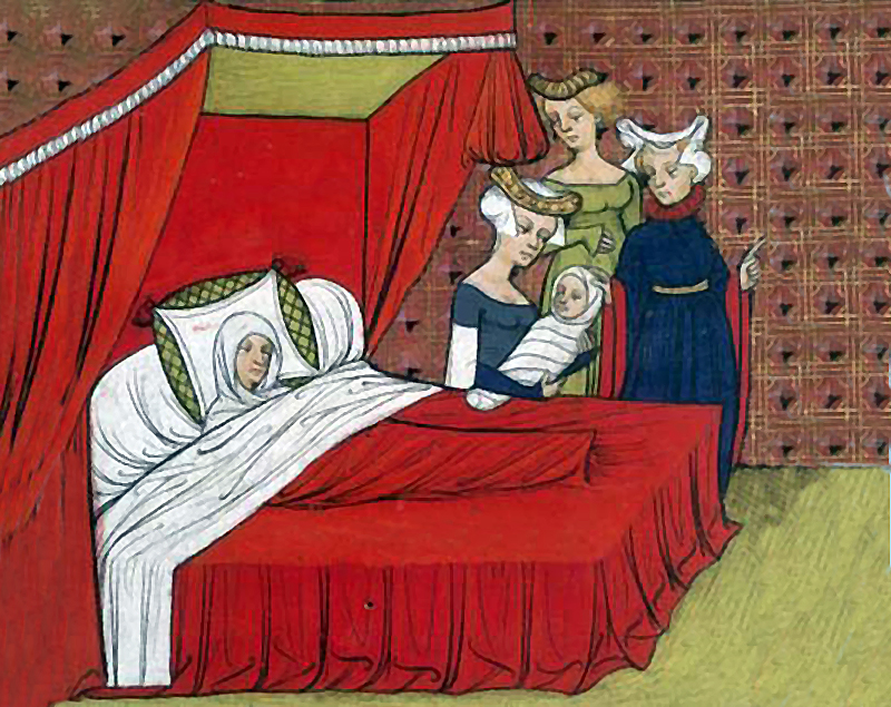 Роды в древности. Кровать средневековья Людовик Святой. Средневековая миниатюра Король. Рождение в средневековье.