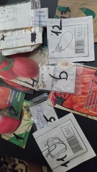 Семена для посева подготовлены, конверты и пачки с семенами пронумерованы также, как и ёмкости для рассады. Фото автора.