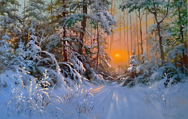 "Зимний вечер в лесу" 50-70 холст. масло. 2019 г.  Источник  изображения :  https://vk.com/id490651915