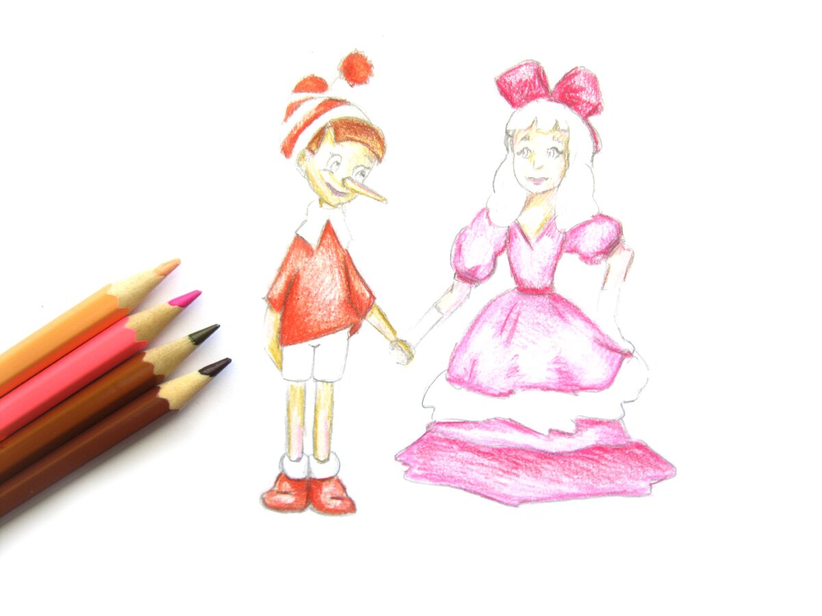 Буратино нарисовать цветными карандашами легко