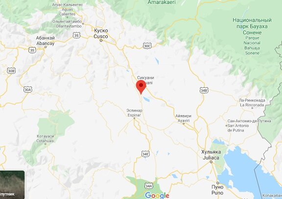Гугель-мепс. Вот где находится эта деревушка в Перу.  И заметьте: там весь регион в нашенских названиях - Кузька, Сикуани, Хульяка, Сан-Антонио-де-Путина, Пукара (в этом масштабе не показана, но есть).