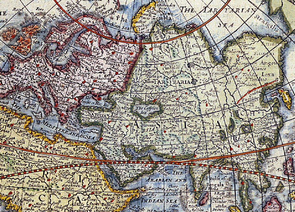 Фрагмент карты Джона Спида 1627 года, где Каспийское море изображено в виде водоёма овальной формы