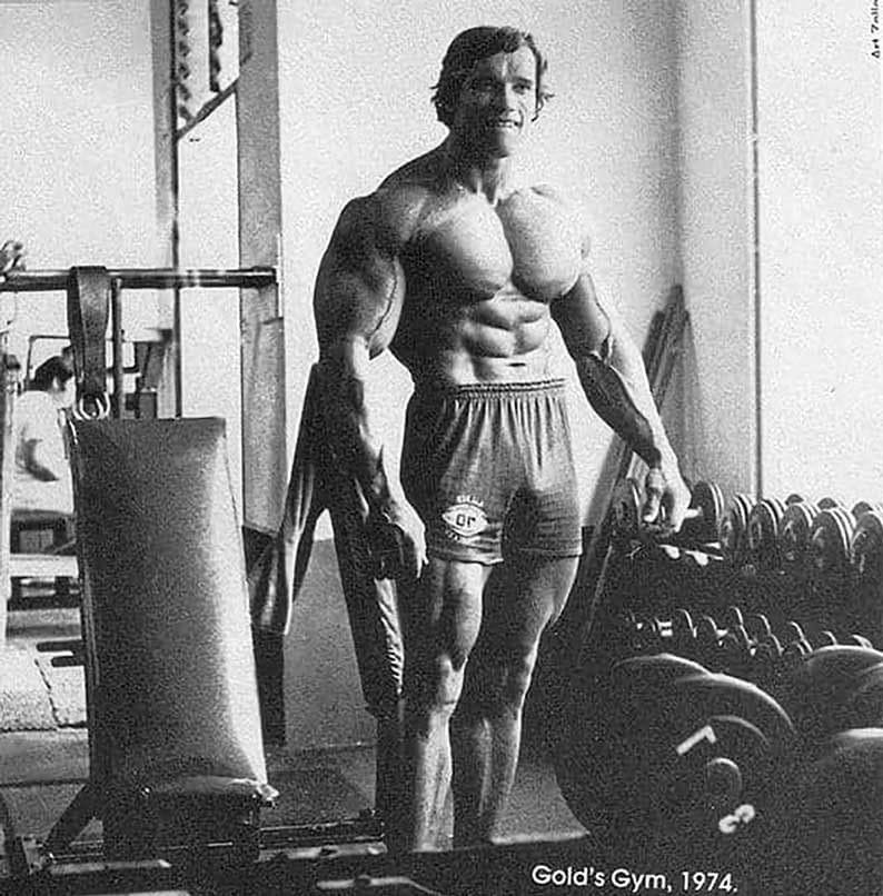 Арнольд Шварценеггер в тренажерном зале Gold's Gym.