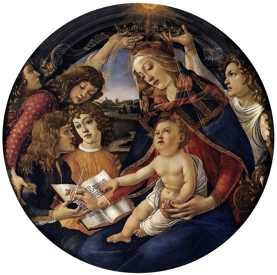 Сандро Боттичелли (Sandro Botticelli). Мадонна Магнификат (также - Мадонна с Младенцем и пятью ангелами) (Madonna of the Magnificant). 1481-85. Источник: https://commons.wikimedia.org/wiki/File:Botticelli_-_A_Virgem_do_Magnificat_2.jpg