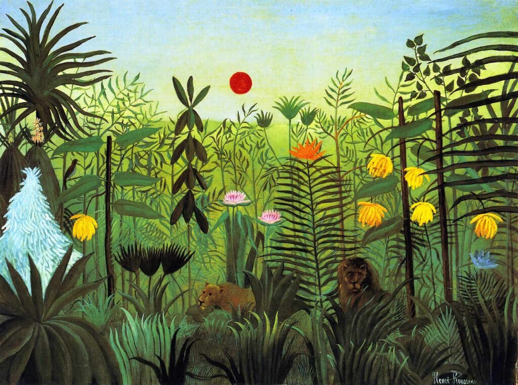 Работы Таможенника Руссо излучают покой и умиротворение — это тропический парадиз, возглавляемый «Повелителем мух»: купающиеся в солнечных бликах ярко-желтые цветы, экзотические джунгли, дикие звери,-2