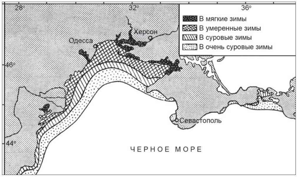 Границы наибольшего распространения льда в типичные зимы на Черном море