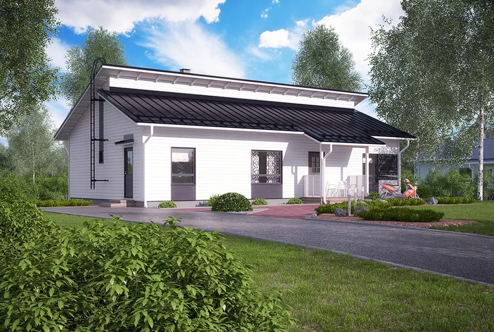 Одноэтажный дом из СИП «Горки», площадь 135 кв. м. С сауной, котельной и гардеробной. Проект компании ДомДрево. 