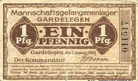 Дензнак, номиналом в 1 пфенниг, 1916 год. Без серии. Шестизначный номер. Источник фото указан на изображении дензнака. 