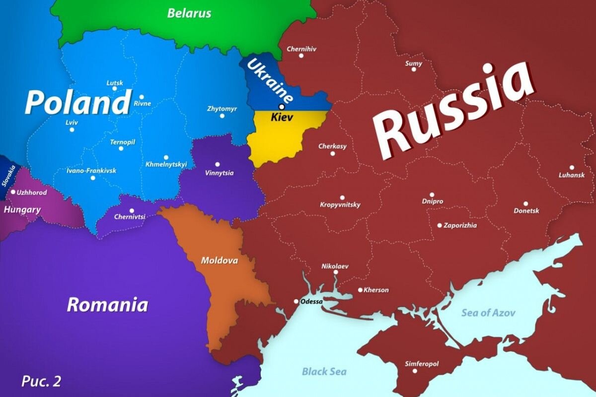 Карта опубликованная Дмитрием Медведевым. Как по его мнению на самом деле видят будущее Украины западные эксперты.