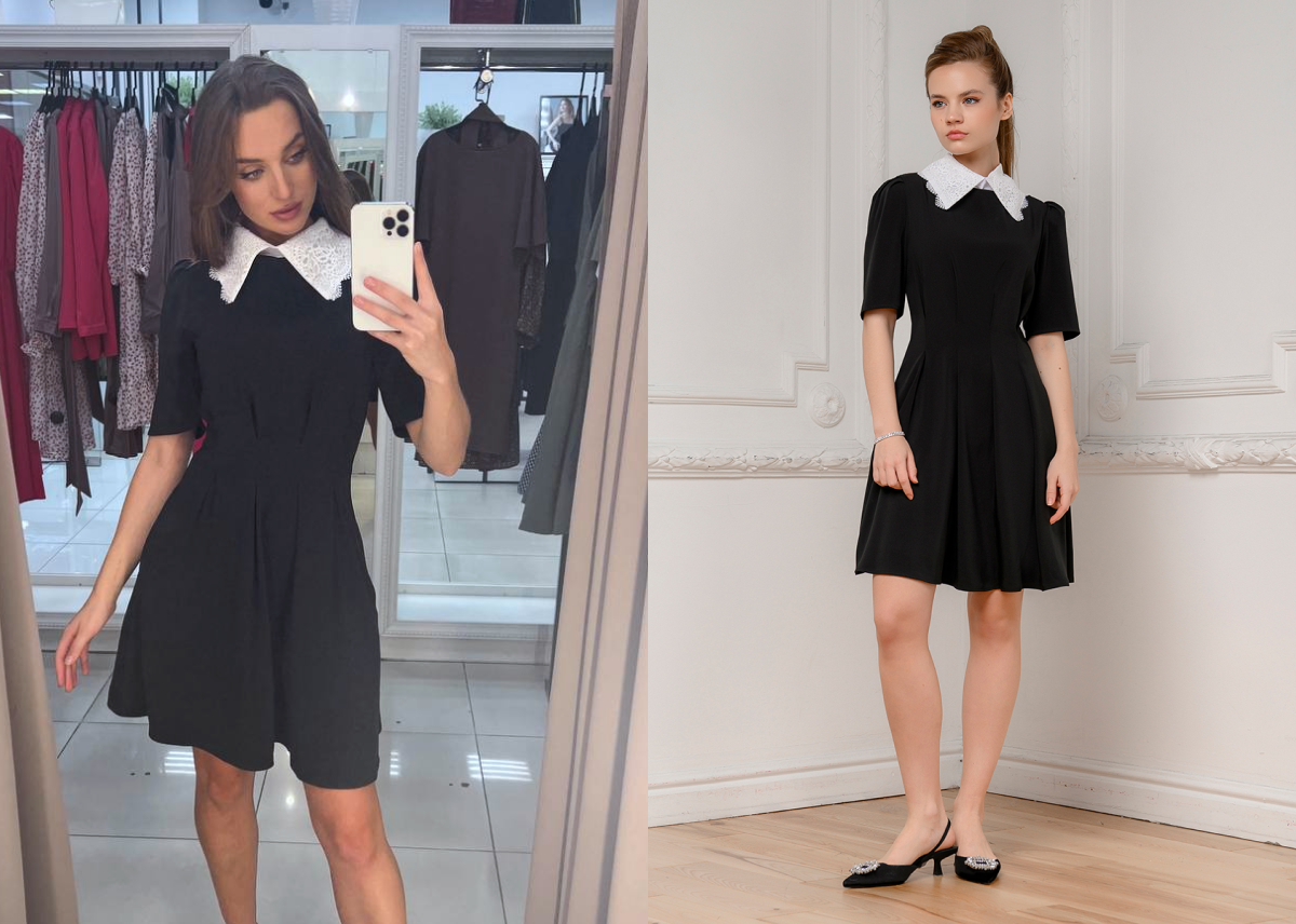 Черное платье длины мини с кружевным воротничком — на сайте и в жизни