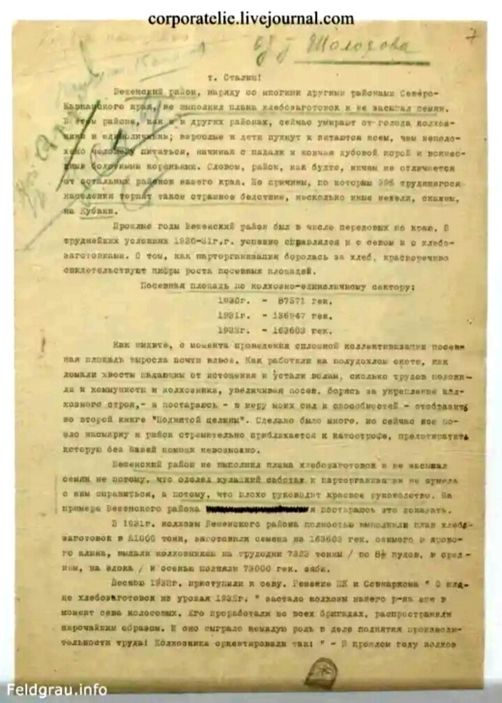 Оригинал письма Шолохова Сталину. Фото взято из открытых источников.