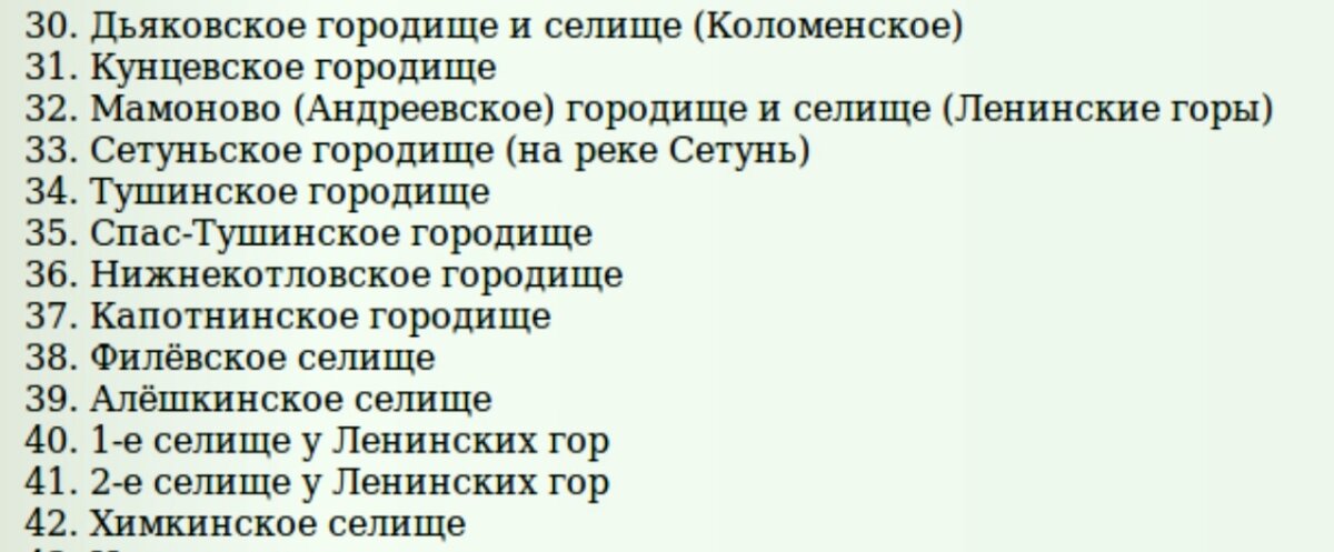 Список изученных археологами античных поселений на территории старой Москвы и археологическая карта города