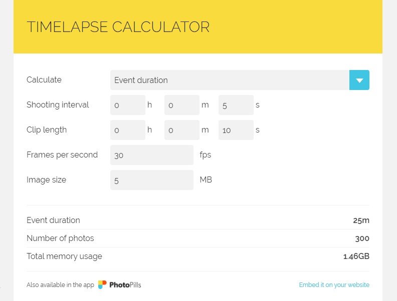 Калькулятор для съёмки таймлапс