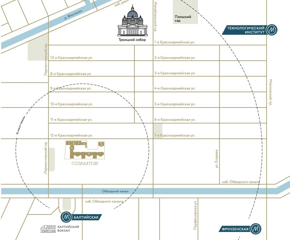 800 метро до метро "Балтийская" и 1,7 км до метро " Технологический институт"