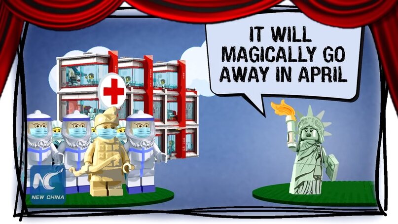  29  апреля государственное информационное агентство Китая "Синьхуа  “опубликовало анимационный ролик под названием "жил-был вирус". В нем  изображены фигурки лего, представляющие две страны - Китай и США.  Китайская сторона высмеивает медленную реакцию Америки на пандемию  коронавируса и рисует реакцию Пекина в лестном свете. 