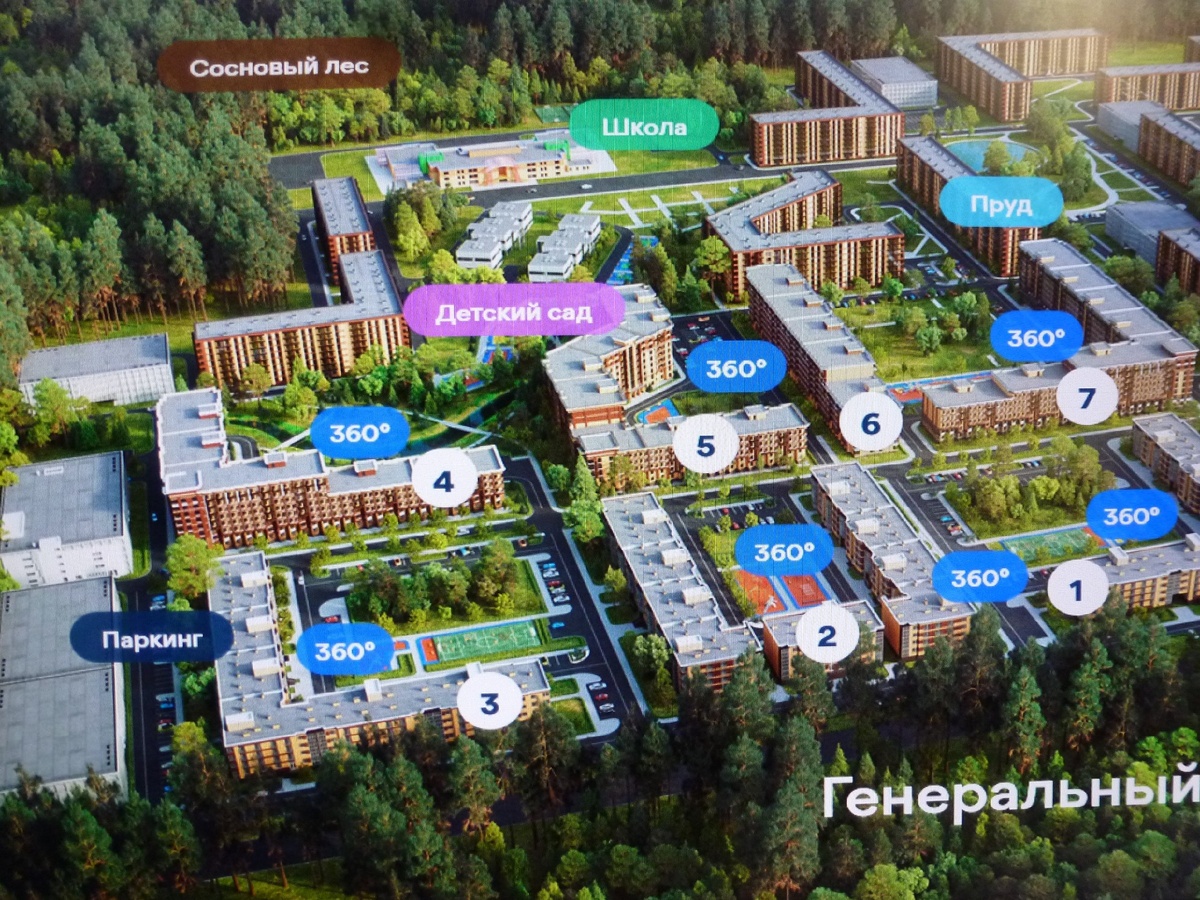 Вот так должно было все выглядеть. Пока построено лишь 4 корпуса и паркинг. Фото инфо. стенда застройщика.