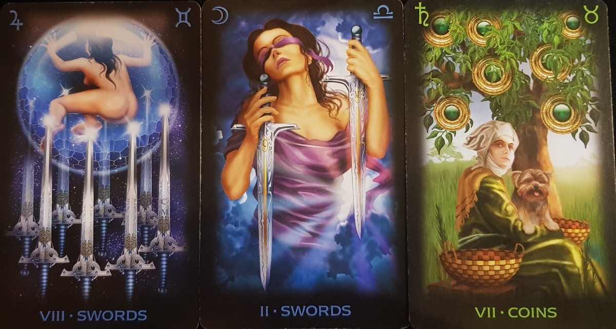 Таро сновидений: 8 мечей, 2 мечей, 7 пентаклей